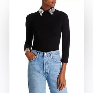 ALICE + OLIVIA PORLA EMBELLISHED COLLARED WOOL BLEND SWEATER BLACK LARGE EUC